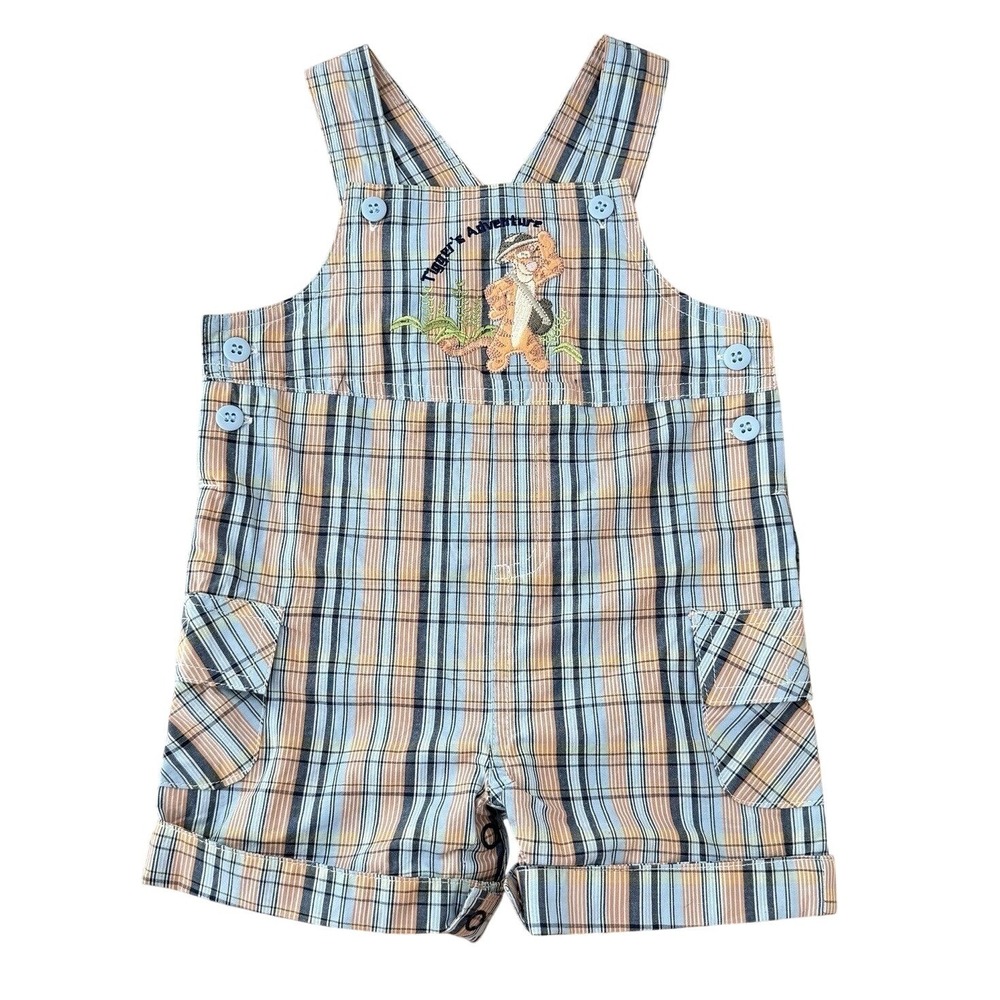 Vintage Disney Winnie the Pooh Overalls‎ Tigger Shortalls  3-6M Plaid Cotton